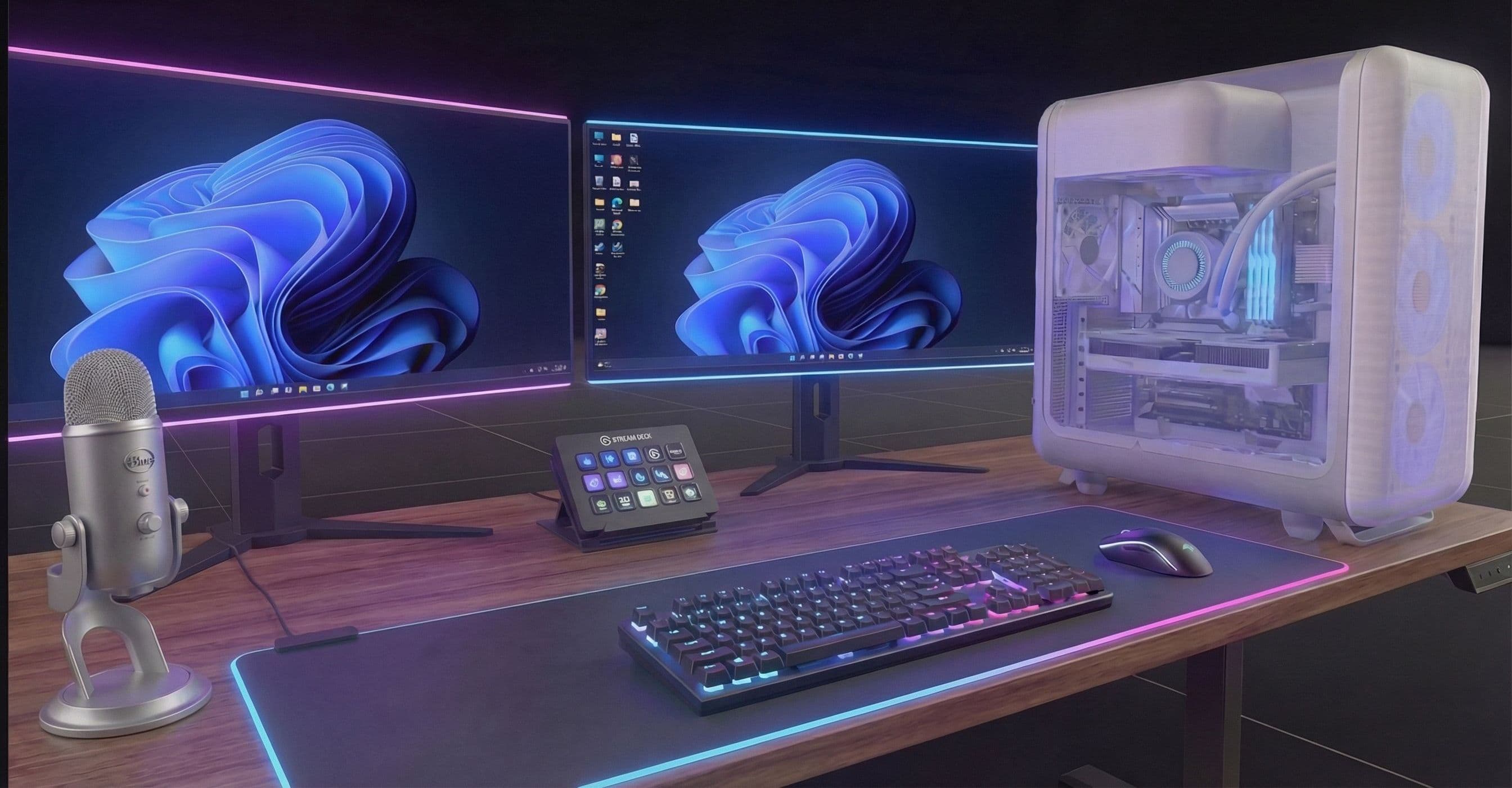 Gaming desk setup with RGB monitors, keyboard, and a white PC build