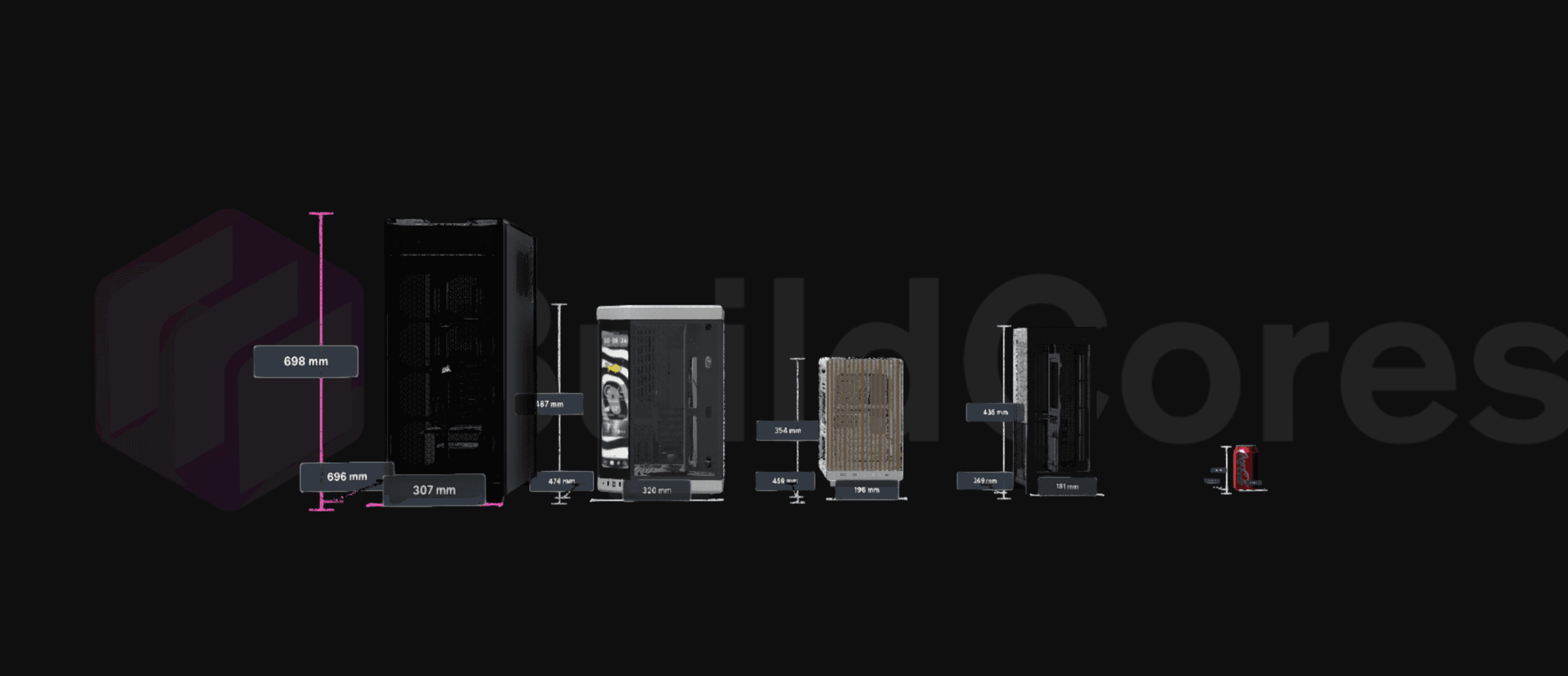 BuildCores 3D comparison preview showing multiple PC cases with width and height measurements